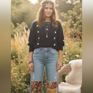 POL Navy Embroidered Cable-Knit Sweater